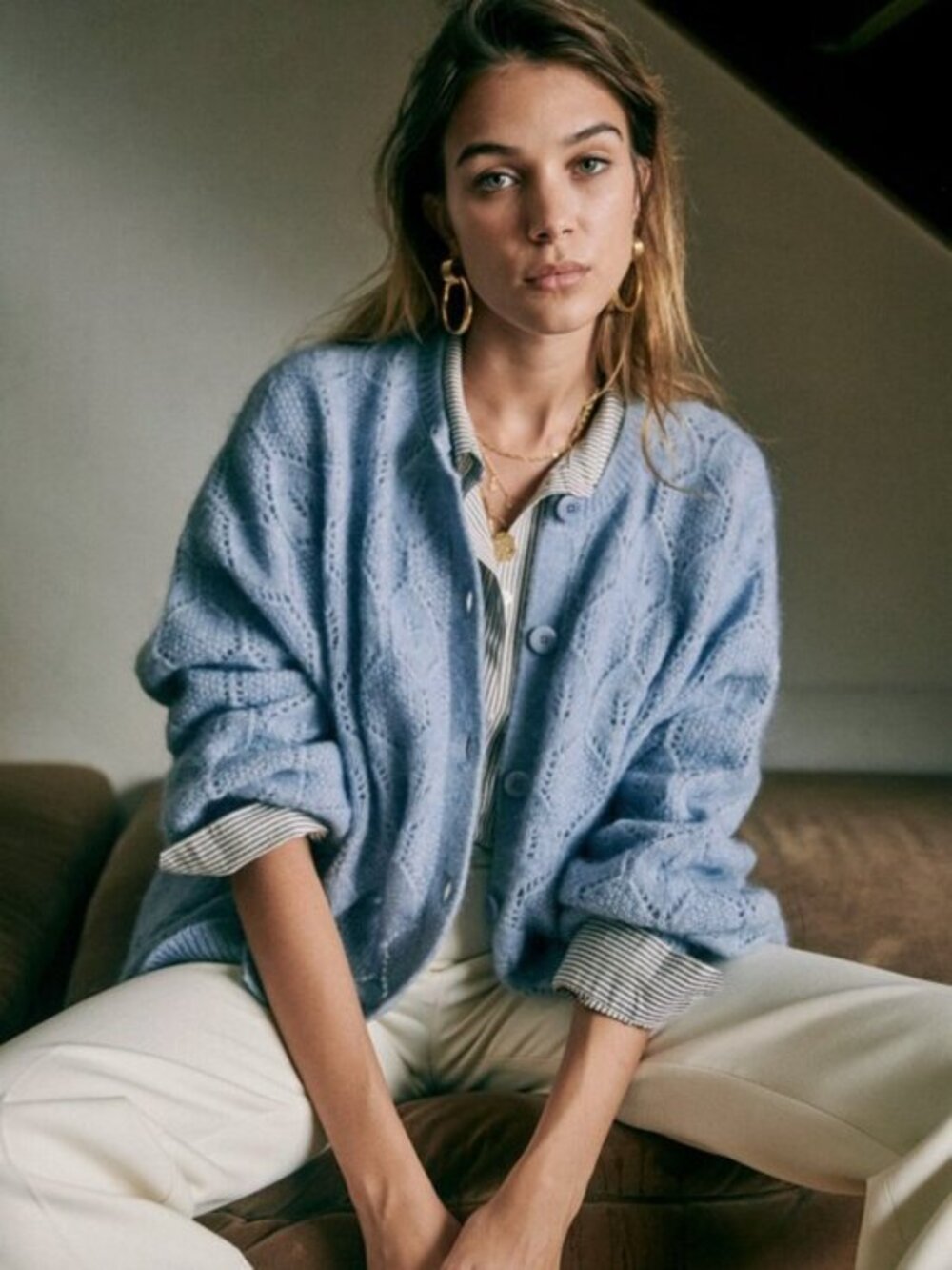 Like New Sezane Phoebe Mohair Wool Pointelle Cardigan Storm Blue XS